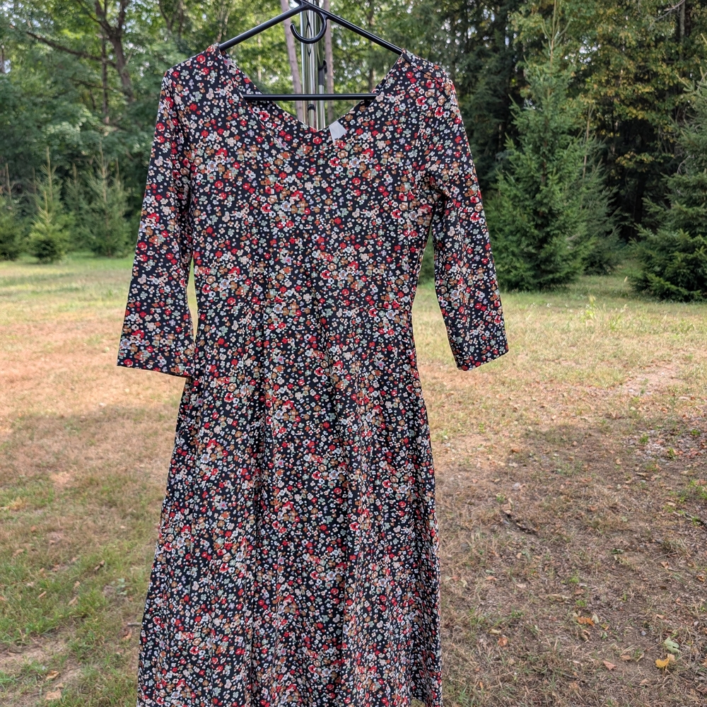 PACT Fit & Flare Floral Black Midi Dress - L